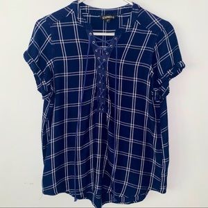 Navy Blue Punk Rock 90’s/Y2K Style Short Sleeve Lace-up Gingham, Express Top